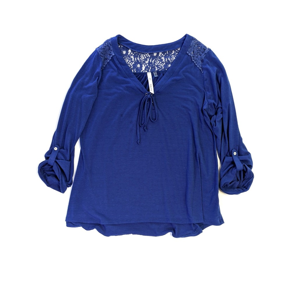 NY Collection Royal Blue Lace Yoke Tie Neck Roll Tab Sleeve Blouse XL